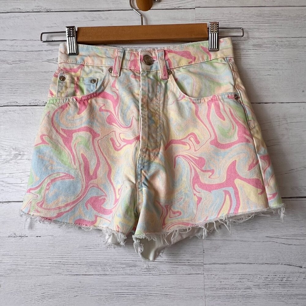 Zara Shorts Womens Size 00 Pastel Swirl Marbled Button Fly Cut Off Frayed Hem
